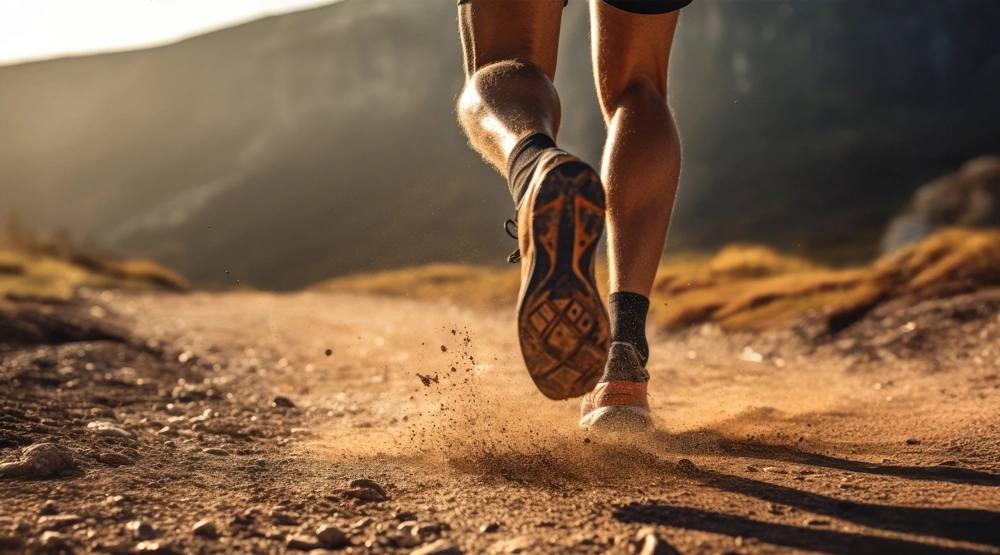 Low profile shot of a person running on mountainous terrain