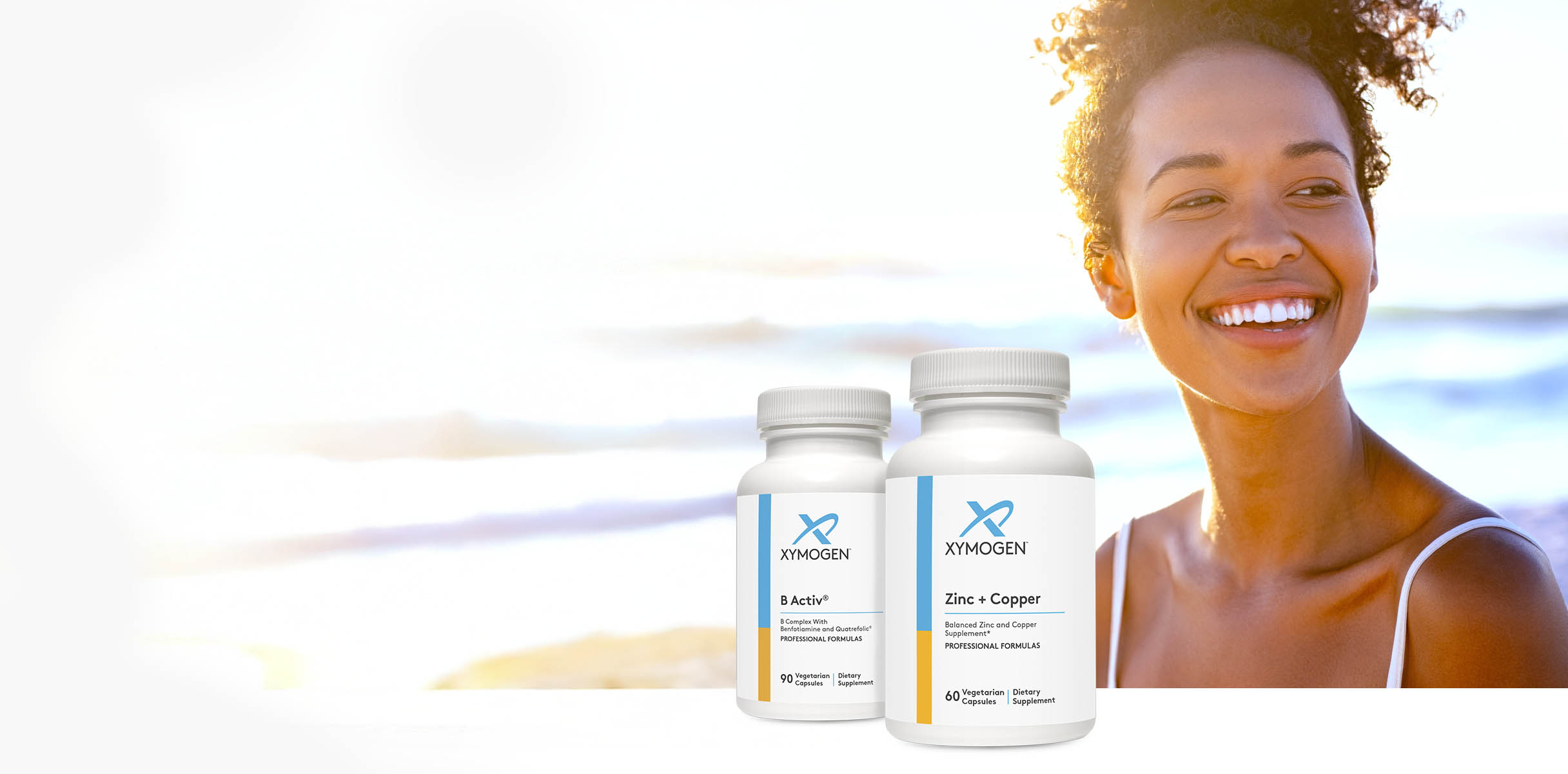 Runner at sunrise with Xymogen supplements—XymoBolX, AngiNOX Elite, and ATP Ignite Workout—and NSF Certified Sport logo.