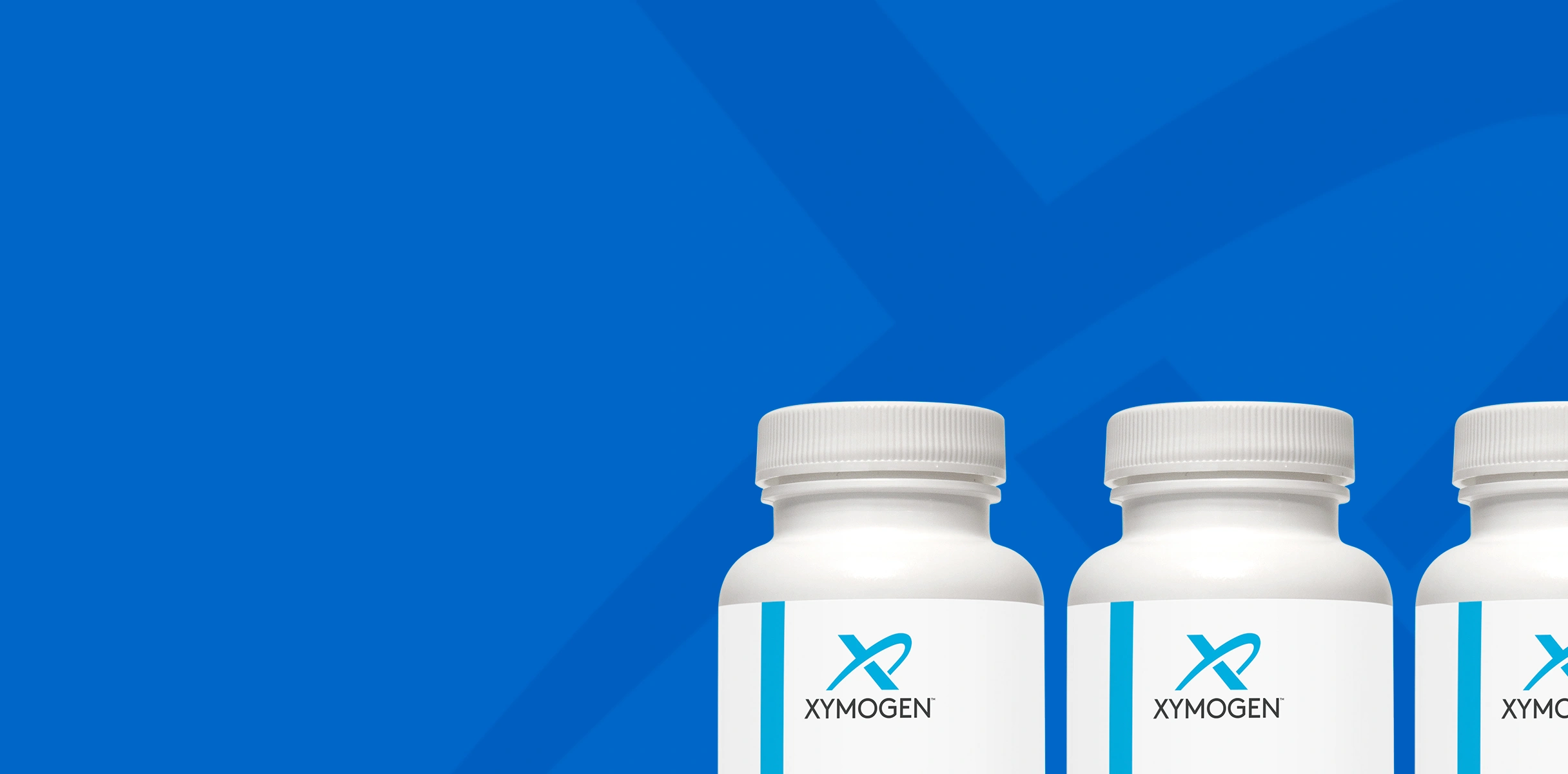 XYMOGEN supplement bottles on a blue background